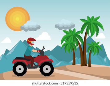 atv driver man beach mountain background