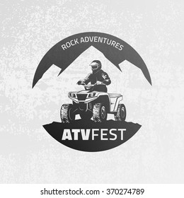 ATV emblem on grunge grey background. All-terrain vehicle off-road design elements.