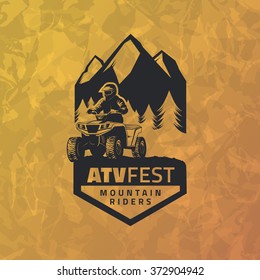 ATV emblem on grunge yellow background. All-terrain vehicle off-road design elements.