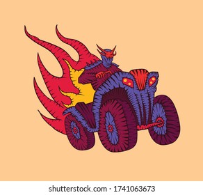 ATV. Fire from a motorcycle. Post-Apocalypse. Vector illustration