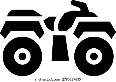 Atv glyph icon. This graphic representation features a robust all-terrain vehicle, commonly known as a quad bike or ATV, symbolizing exhilarating off-road adventure, dynamic recreation, and powerful outdoor transportation.   