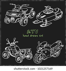 ATV Hand drawn doodle set. Vector illustration. Isolated elements on blackboard background. Symbol collection.