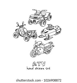 ATV Hand drawn doodle set. Vector illustration. Isolated elements on white background. Symbol collection.