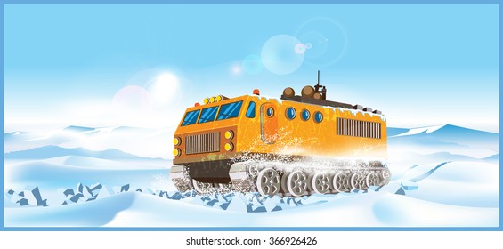 ATV makes its way through the arctic snowdrifts. Background seamless horizontally if needed.