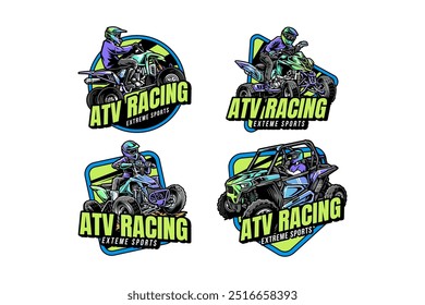 ATV e off road rider logo design coleção para esportes extremos e aventura. todo terreno veículo 4x4 quad corrida emblema logotipo set. ATV velocidade permanente emblema esporte logotipo ilustração pacote