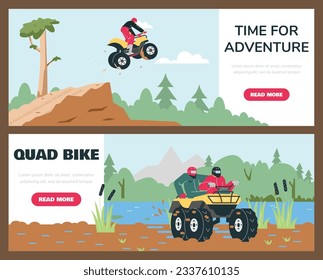 ATV or quad bike banners or flyers bundle with people characters flat cartoon vector illustration. Quad bike races and tours advertising banner or leaflet templates.