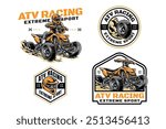 ATV rider and vehicle logo design for extreme sport. All-terrain vehicle off-road 4x4 quad and ATV quad racing sign symbol modern logo. ATV helmet and tire sport emblem badge logo illustration