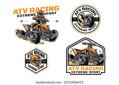 Diseño de logo de vehículo y piloto de ATV para deporte extremo. Vehículo todoterreno todoterreno 4x4 quad y ATV quad racing símbolo símbolo moderno logo. Ilustración del logotipo de la insignia del emblema del deporte del casco y del neumático de ATV