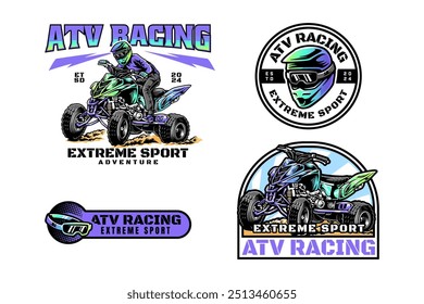 ATV rider and vehicle logo design for extreme sport. all terrain vehicle, off road 4x4 quad and ATV racing sign symbol modern logo. ATV helmet and goggles sport emblem badge logo illustration