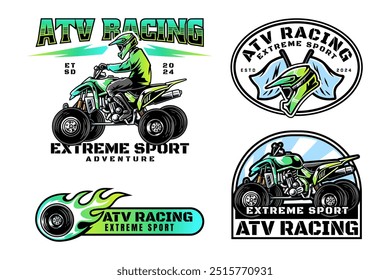 ATV rider and vehicle logo design for extreme sport. all terrain vehicle, off road 4x4 quad racing sign symbol modern logo. ATV helmet flag and tire fire flame sport emblem badge logo illustration