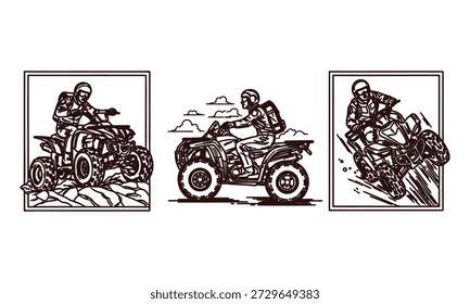 Pilotos de ATV em ação em vários terrenos com capacetes e veículos de aventura