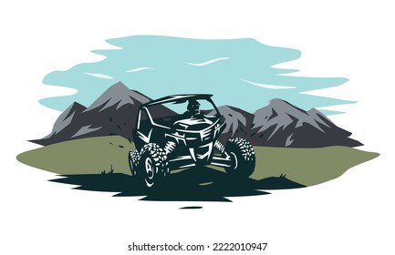 ATV side-by-side vehicle illustration with rocks and mountains. All-terrain vehicle standing on rocks and dunes. Vector illustration.