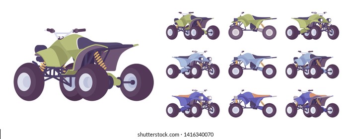 ATV Transport Set. All Terrain Motorized Vehicle, Off Highway Four Wheeler For Dunes, Trails Or Track. Vector Flat Style Cartoon Illustration Isolated On White Background, Different Views And Color