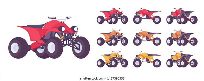 ATV Transport Set. All Terrain Motorized Vehicle, Off Highway Four Wheeler For Dunes, Trails Or Track. Vector Flat Style Cartoon Illustration Isolated On White Background, Different Views And Color