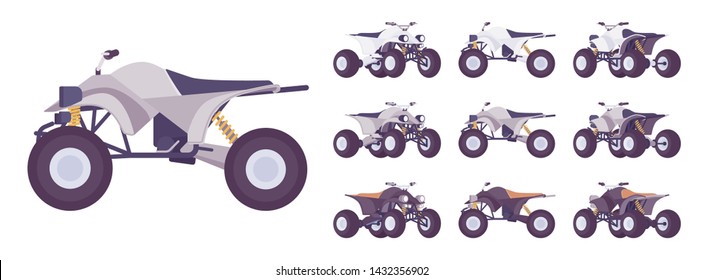 ATV Transport Set. All Terrain Motorized Vehicle, Off Highway Four Wheeler For Dunes, Trails Or Track. Vector Flat Style Cartoon Illustration Isolated On White Background, Different Views And Color