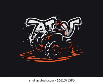 Logo del vehículo ATV sobre fondo oscuro. Ilustración 4x4 cuádruple todo terreno.