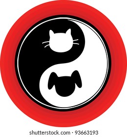 An atypical yin yang symbol inside a red circle, with a cat and dog engaged in the endless chase.