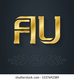 AU - abbreviation of Australia. Metallic 3d icon or logotype template. Luxury Design element with lineart option. Gold. A and U initial golden logo. 