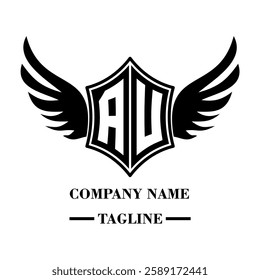 AU A bold winged shield emblem with customizable initials A-Z. Sleek black-and-white vector, perfect for branding, sports teams, motorcycle clubs, gaming,apparel and High-quality
