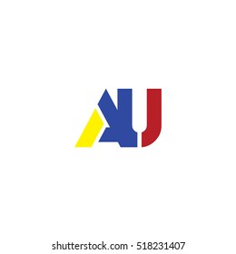 AU flat initial letter logo combining yellow blue red