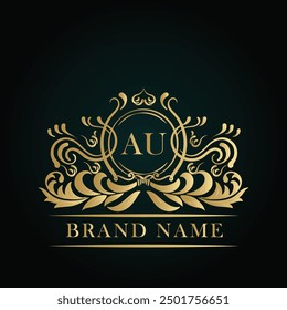 AU golden letter logo. AU logo initial Luxury ornament emblem. Golden template for cafe, bars, boutiques, invitations. Logo for business. Vintage elements. 