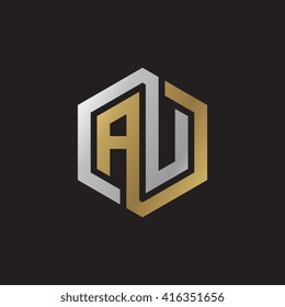 AU initial letters loop linked hexagon elegant logo golden silver black background