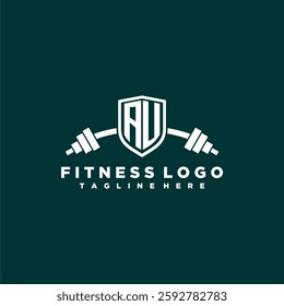 AU initial monogram for fitnes or gym logo with creative shield and barbell design