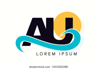 AU letter logo with ocean waves and sunset. Beach concept design