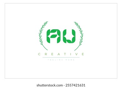 AU letters eco logo with leaf. Fresh nature and healthy leaf logo design.