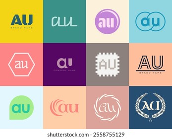 AU logo company template. Letter a and u logotype. Set different classic serif lettering and modern bold text with design elements. Initial font typography. Collection trendy business identity.