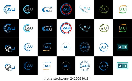 AU minimalist and classic logo set design. AU flat and simple style with black and white color variation letter logo set in one artboard.