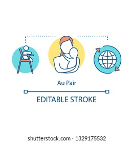 Au Pair concept icon. Childcare and travel idea thin line illustration. International nannies, babysitting programs. Mother holding baby in hands. Vector isolated outline drawing. Editable stroke