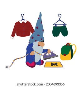 An au pair. A cute Scandinavian gnome is holding an electric iron in his hands and is going to iron clothes. Vector illustration isolated on a white background.