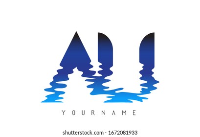 AU A U  Letter Logo Design with Water Effect and Deep Blue Gradient Vector Illustration. 