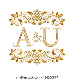 A&U vintage initials logo symbol. Letters A, U, ampersand surrounded floral ornament. Wedding or business partners initials monogram in royal style.