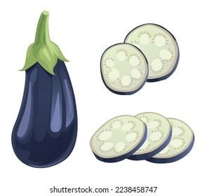 Aubergine or eggplant cut in pieces. Vector ingredients for salad.