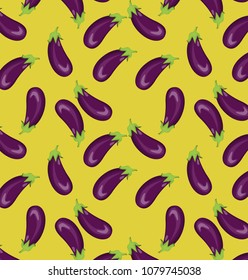 Aubergine pattern isolated on yellow background. Vegetables healthy food concept. 
