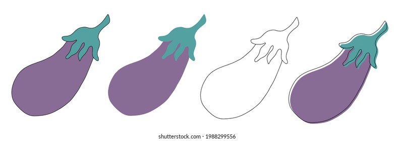 Aubergine vegetable, eggplant isolated sketch. Vector purple vegetable, whole brinjal edible fruit. Cartoon eggplant
