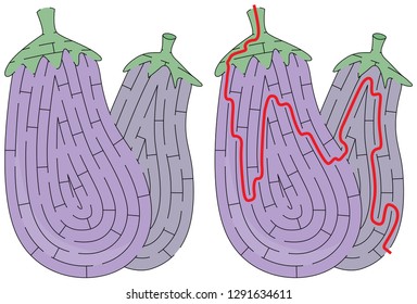 Aubergines maze for kids with a solution