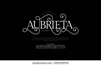 Aubrieta swash Luxus elegante Buchstaben und Zahlen Alphabet. Klassische Hochzeits-Typografie-Klassiker-Serif-Schrift-dekorativer Vintage-Retro. Kreative Vektorillustration