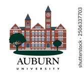 Auburn university main university building with tree in front, american architecture art building with print ready file for shirts, clipart concept destination, editable downtown, famous graphic icon