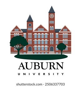 Auburn university main university building with tree in front, american architecture art building with print ready file for shirts, clipart concept destination, editable downtown, famous graphic icon