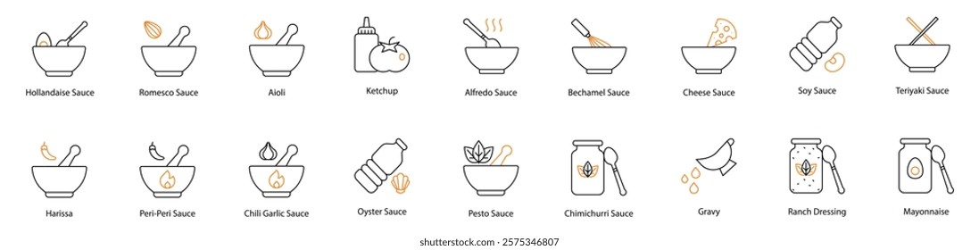 auce Vector Icon Set: Aioli, Chili Garlic, Harissa, Ponzu, Peri-Peri, Brown, Bechamel, Chimichurri, Cheese, Gravy, Soy, Ranch Dressing, Mayonnaise, Hot, Barbecue, Thousand Island, and Mustard