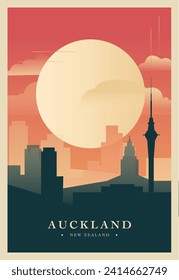 Auckland city brutalism poster with abstract skyline, cityscape retro vector illustration. New Zealand travel front cover, brochure, flyer, leaflet, business presentation template image