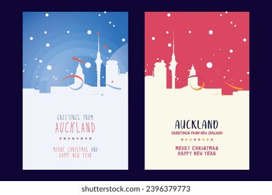 Auckland city poster with Christmas skyline, cityscape, landmarks. Winter New Zealand holiday, New Year vertical vector layout for brochure, website, flyer, leaflet, card