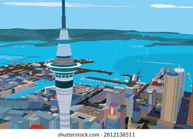 Auckland city skyline flat vector illustration featuring Sky Tower, Harbour Bridge and Waitemata harbor cityscape