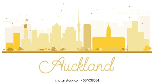 Auckland City skyline golden silhouette. Vector Illustration. Simple flat concept for tourism presentation, banner, placard or web site. Cityscape with landmarks