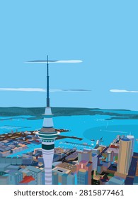 Auckland city skyline vertical vector illustration with Sky Tower and Harbour Bridge, City of Sails New Zealand