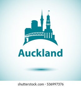 Auckland detailed silhouette. Palm tree and Auckland Harbour Bridge - the symbol of New Zeland. Tourism logo concept