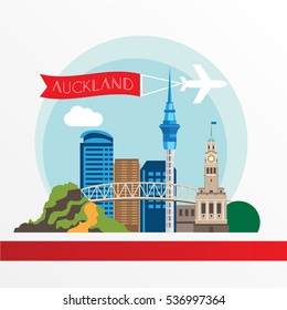 Auckland detailed silhouette. Trendy vector illustration, flat style. Stylish colorful landmarks. The concept for a web banner. Palm tree and Auckland Harbour Bridge - the symbol of New Zeland.